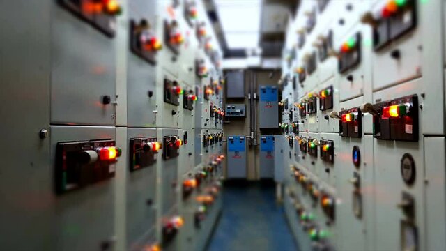 Timelapse of Electrical switchgear room,Industrial electrical switch panel on plant and process control with vintage cold tone for industrial concept.