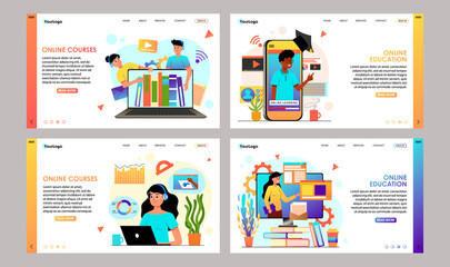 Online education, e-learning design concept set. Young people teaching, training or learning in online educational courses, university, school use laptop, computer, smartphone. Vector illustration