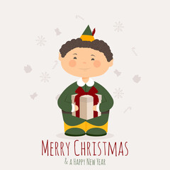 Vector illustration of an elf with christmas icons around isolated on light background 