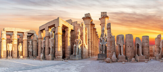 Luxor Temple, main statues views, beautiful sunset panorama, Egypt