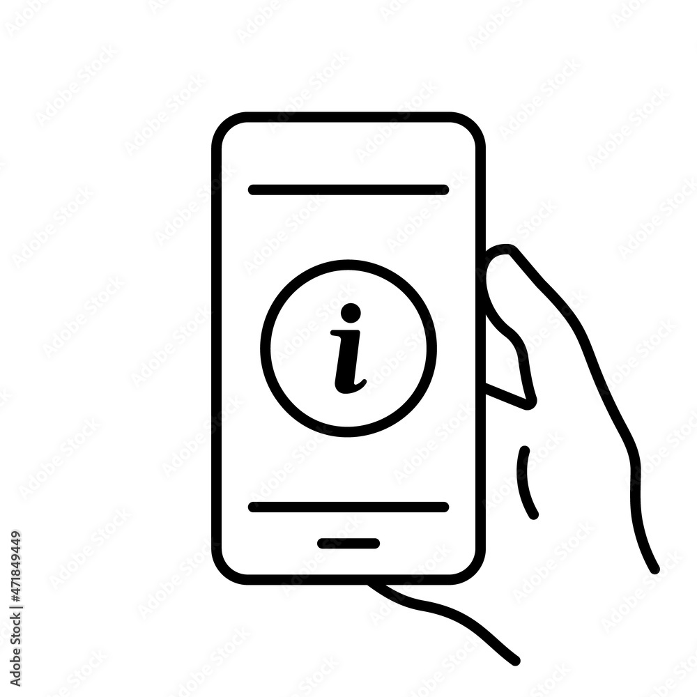 Poster mobile phone in hand with information on display line icon. info for customer on smartphone screen l