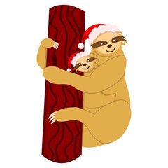 Mother and baby sloth hanging on a branch in red and white hat. Cute and funny. Cartoon style. Nature and ecology. Merry Christmas. Happy New Year. Post card, poster, graphic design, textile