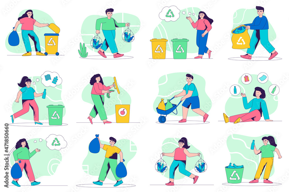 Aufkleber waste management concept isolated person situations. collection of scenes with people collect garbag