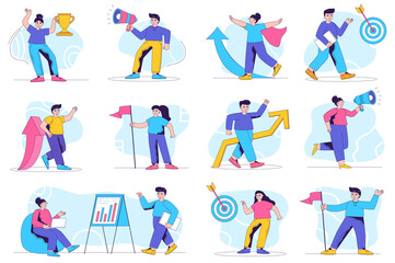 Fototapeta na wymiar Leadership concept isolated person situations. Collection of scenes with people achieve business goals, develop career, target, win and receive trophy. Mega set. Vector illustration in flat design