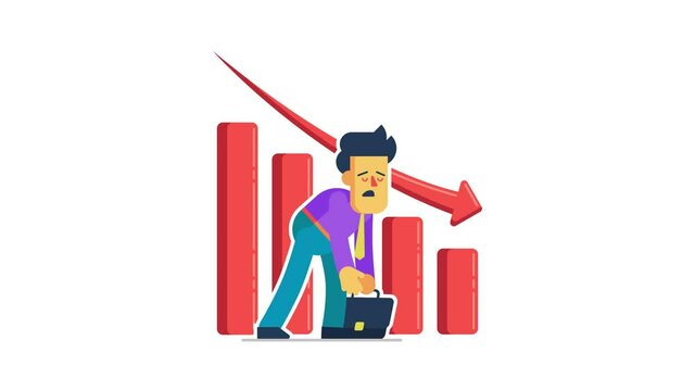 Animation of businessman or employee walking depressed and sad with downward red chart bar. unsuccessful businessman