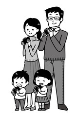 恵方巻を食べる４人家族のイラスト／白黒　モノクロ