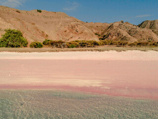 Hills, trees, and pink sands at Long Pink Beach, Labuan Bajo