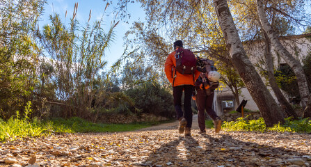 Fototapeta premium Hikers walk with a backpack with climbing equipment.