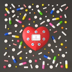 Toy heart with holter and sensors, pills on a dark gray background. 3d rendering