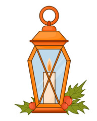 Christmas old lamp with a candle inside, a burning fire in a flat style. Vector lantern isolated on white background. Lamp, lighting fixture, home comfort, vector object drawing on white background