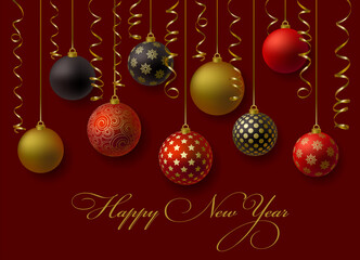 New Year balls with serpentine. Christmas vector illustration.