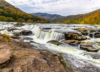 Sandstone Falls With Fall Color, New River Gorge National Park, West Virginia, USA