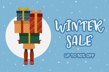 Winter sale banner design. Young woman holding many colorful gift boxes. Vector iilustration in flat cartoon style.