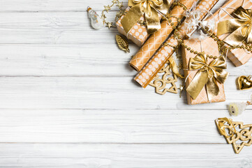  golden christmas decorations on white background. Flat lay, top view, copy space - Image