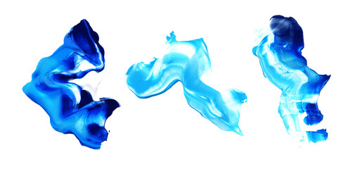 Three Hand drawn blue brush stroke smears isolated on white background. Abstract creative art swatch set.