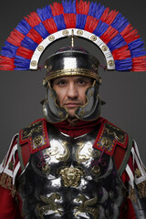 Roman centurion dressed in iron armor and colorful plumed helmet