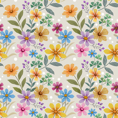 Colorful hand draw flowers on blue color seamless pattern for fabric textile wallpaper.