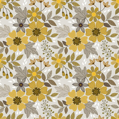 Naklejka na ściany i meble Yellow flowers design seamless pattern for fabric textile wrap paper background.