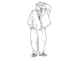 man wearing bucket hat walk hand in pocket Human character on white background. Hand drawn style vector design illustrations.