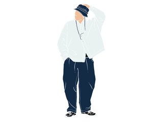 man wearing bucket hat walk hand in pocket Human character on white background. Hand drawn style vector design illustrations.