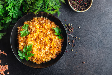 red lentils food stewed legumes spices ready to eat meal snack on the table copy space food background