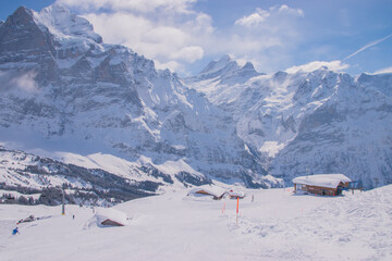 Beautiful panoramic view of snow-capped mountains in the Swiss Alps.Grindelwald, Switzerland, March 22. 2020.