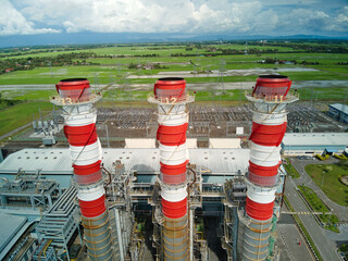 Gas fired power plant, aerial view of exhausts / chimneys