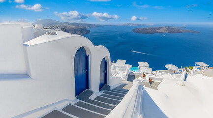 Beautiful travel background for vacation holiday banner. White houses in the town of Oia on the island of Santorini, panorama. Amazing scenic views, luxury summer freedom traveling panoramic landscape