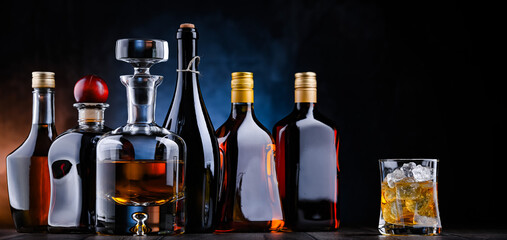 Bottles of assorted alcoholic beverages.