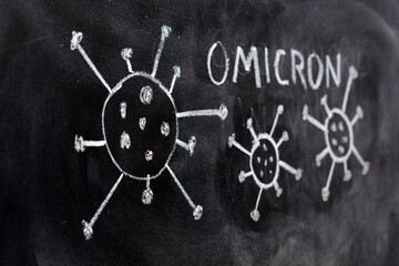 Variante del virus covid 19, omicron,  dibujado en una pizarra con tiza