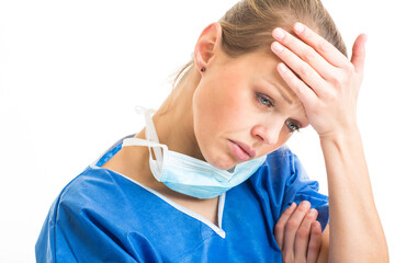 Portrait of a female doctor feeling down, exhausted, frustrated, very tired,.... on white background