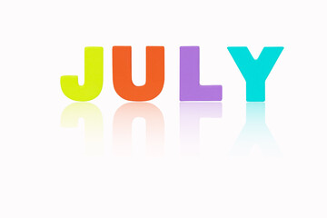 Obraz premium JUNLY month English made of wood isolated on white background. Colorful wooden english alphabets set sort. Illustration letter made of wood arrange alphabet as categorize word. Poster banner design