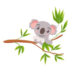 Baby koala bear hanging on eucaliptus tree. Branch with green leaves. Cartoon style. Funny and cute. Australian animal. Nature and ecology. For children post card, books, textile, print and poster