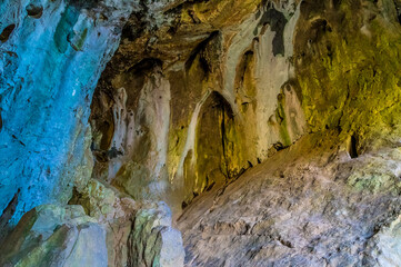 A view into Thors Cave above the Manifiold valley next to the village of Wetton, UK on a sunny Autumn day