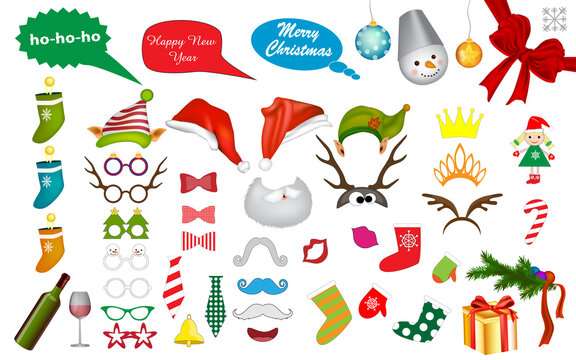 Big New Year sticker pack. masks.Photo Booth Props and Scrapbooking Vector Set for New Year party. Christmas colorful element set for holiday design.