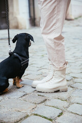 Street style fashion details, woman in stylish white boots with black dog on a leash. Modern autumn outfit, walk in a city. 