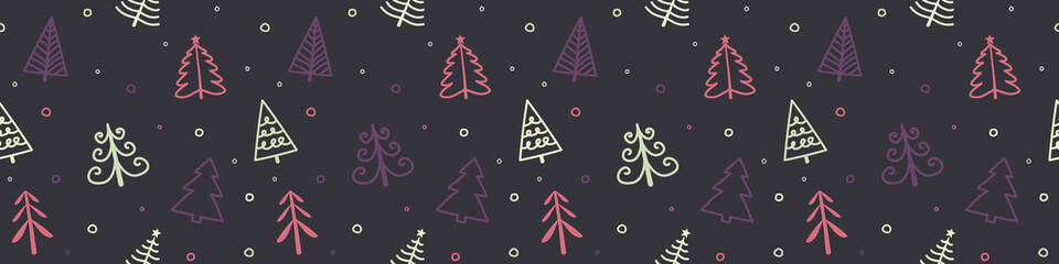 Christmas pattern with hand drawn trees. Xmas wrapping paper concept. Banner. Vector