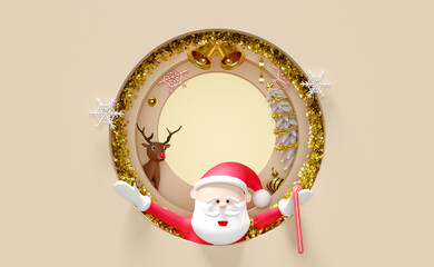 Santa claus with reindeer,gift box,christmas tree,bell, staff isolated on beige background.website,poster or happiness cards,festive New Year concept,3d illustration or 3d render