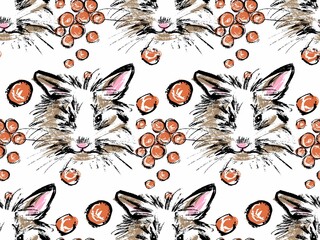 Seamless pattern. A white fluffy rabbit portrait with a carrot on a white background. Illustration in the style of a careless rural sketch by hand. Vector.