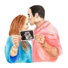 Young parents expecting baby, ultrasound picture. Mother's day watercolor illustration. Man kissing woman in forehead.For greeting cards, posters, albums, t-shirt prints, baby shower invites, nursery