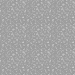 Seamless background. Drawn by hand. Flowers are depicted on a gray background,
 butterflies, beetles, apples, envelopes, hearts, lips. Can be used for fabric, wallpaper, background, wrapping paper.
