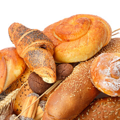 Composition from Bread and sweet pastries isolated on a white.