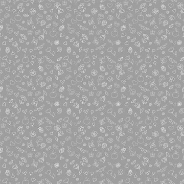 Seamless background. Drawn by hand. Flowers are depicted on a gray background,
 butterflies, beetles, apples, envelopes, hearts, lips. Can be used for fabric, wallpaper, background, wrapping paper.
