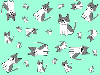 seamless pattern cartoon cat character on green background