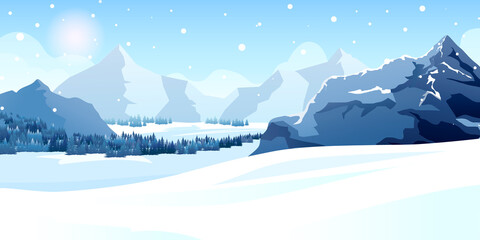 Winter sunny beautiful day, snowy mountain, alpine landscape. Snow, snowflakes fall down, sun shine in background. Spruce forest, trees foot Alps mountains. Country nature view. Vector illustration
