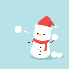Snowman character design. Snowman vector illustration on blue background. Snow ball.