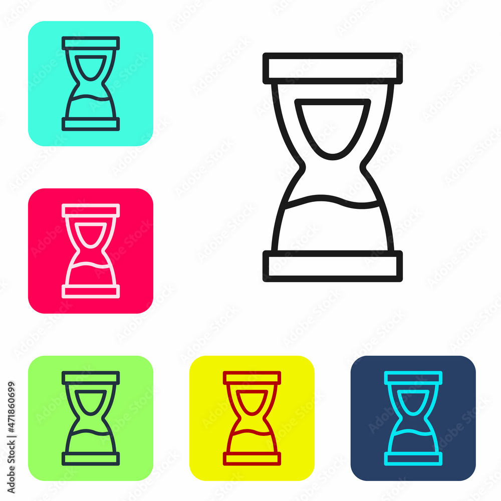 Poster black line old hourglass with flowing sand icon isolated on white background. sand clock sign. busin