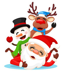Christmas deer and snowman peek out from behind Santa Claus on a white. Characters