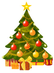 Star, decoration balls and light bulb chain decorated christmas tree with lots of gift boxes.  Hand draw illustration isolated on white background.