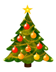 Christmas tree with xmas decorations - ornaments, stars, garlands, snowflakes, lamps. Isolated. Merry Christmas and happy new year.